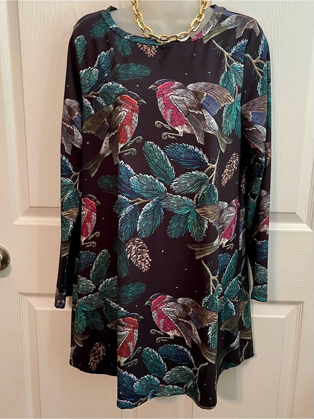 NWT NANU Black Bird & Pinecone Print Long Sleeve Tunic Dress MISSES SIZE MEDIUM